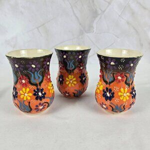 Set of 3 Turkish Tea Cups Orange with Multicolor Flowers Glazed Colorful